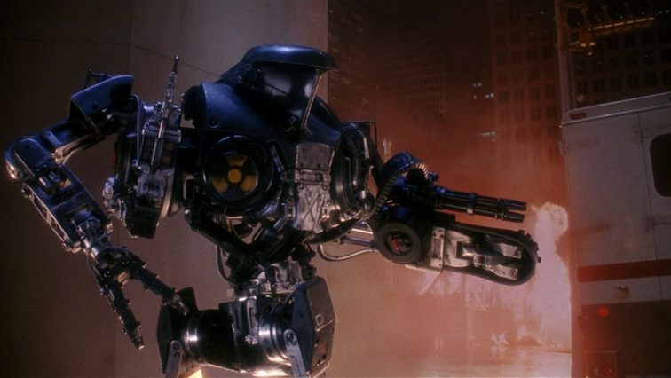 Cain the drug dependent cyborg from Robocop 2 ready for battle as a flame appears in the background